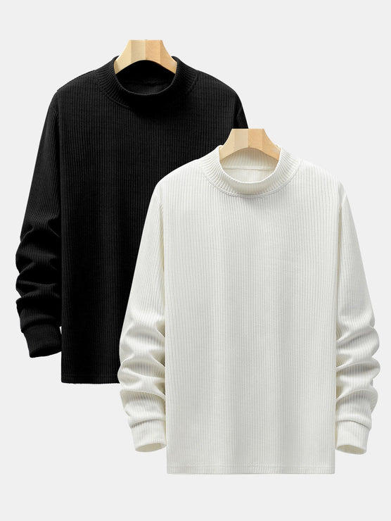 2 Pieces Long Sleeve Muscle Fit Knit Ribbed Mock Neck T-Shirts