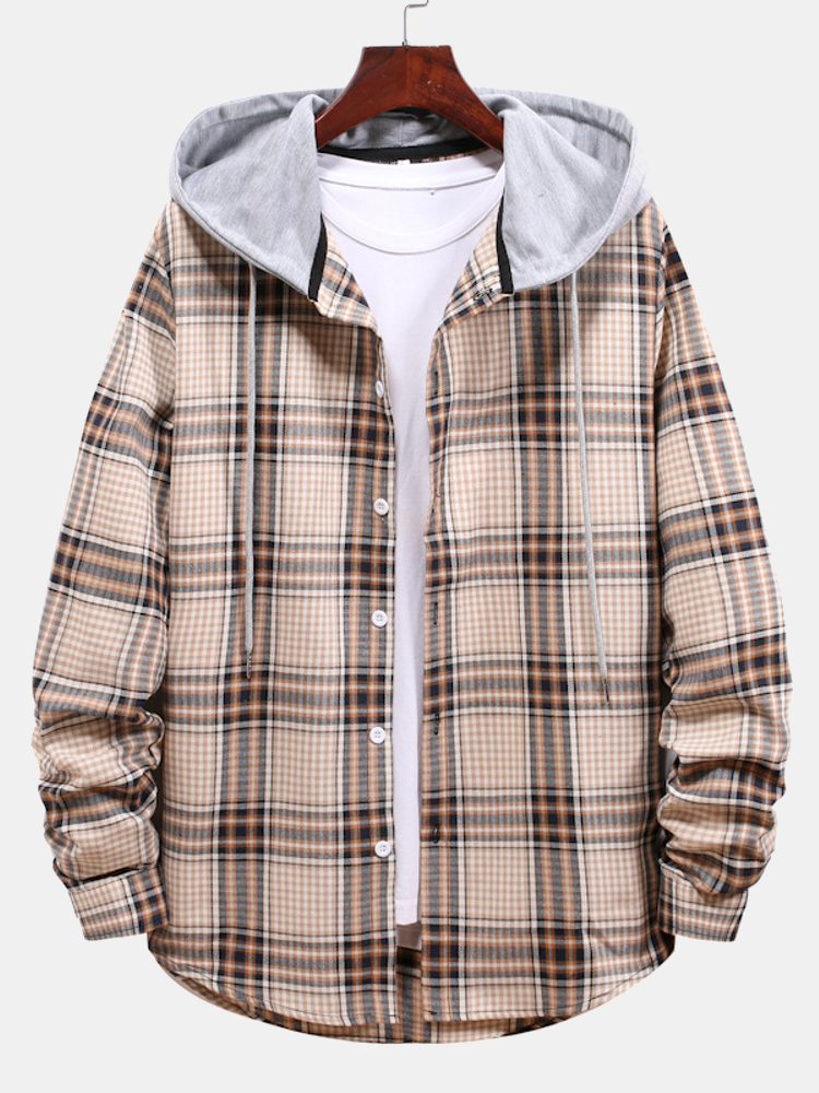 Contrast Hooded Button Up Plaid Shirts with Drawstring