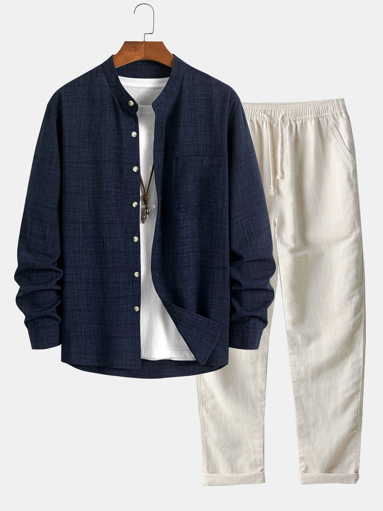 Long Sleeve Stand Collar Shirt & Straight Leg Linen Pants