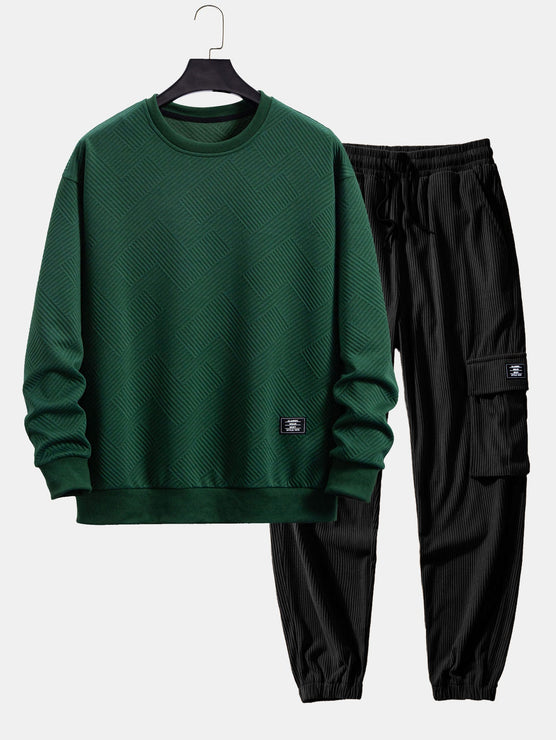 Relax Fit Geometric Striped Sweatshirt & Drawstring Corduroy Cargo Jogger Pants