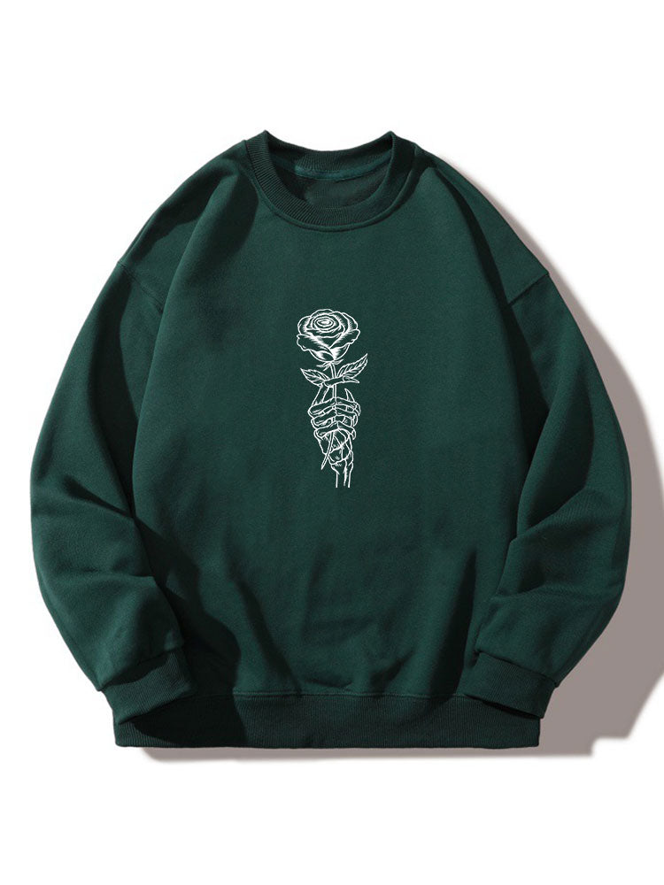 Rose Skull Hand Print Crew Neck Relaxed Sweatshirt