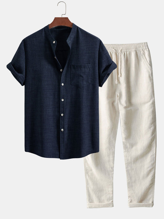 Short Sleeve Stand Collar Shirt & Straight Leg Linen Pants