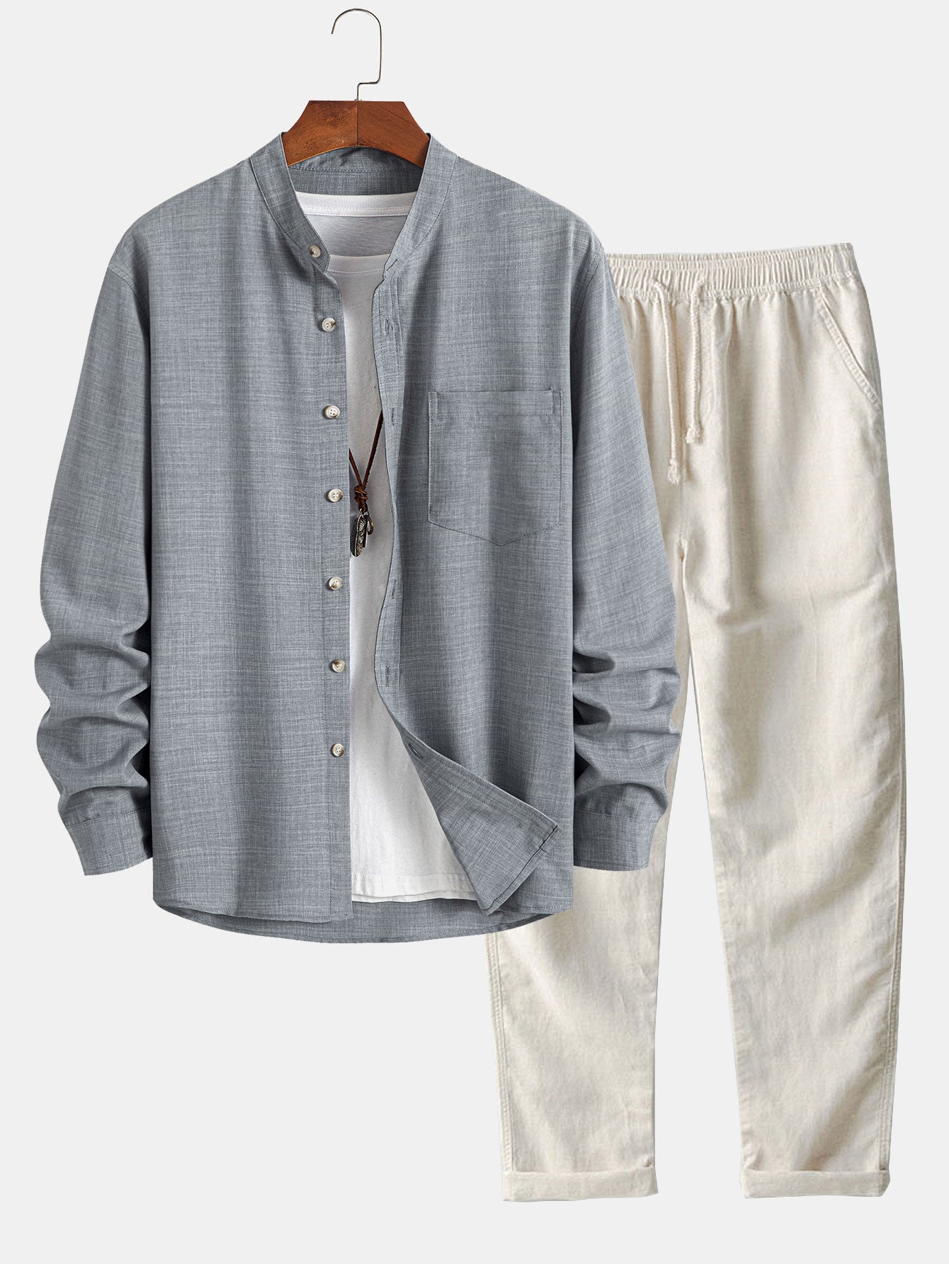 Long Sleeve Stand Collar Shirt & Straight Leg Linen Pants