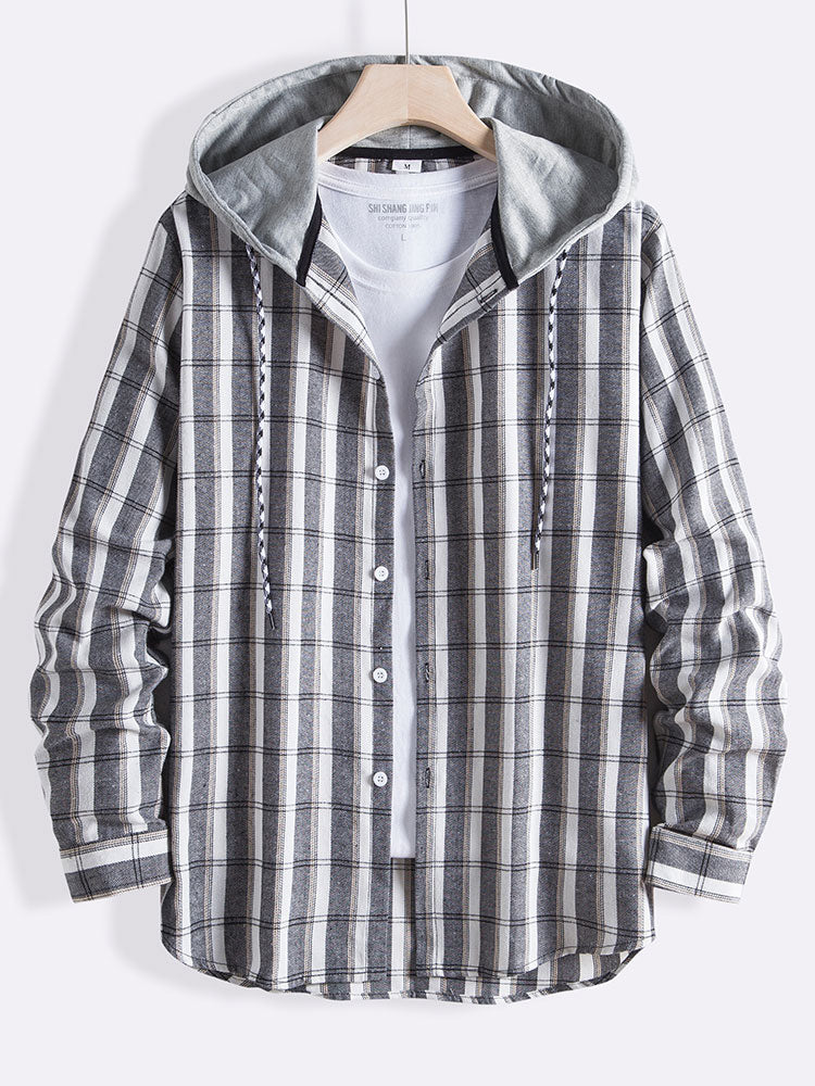 Plaid Drawstring Hooded Shirt