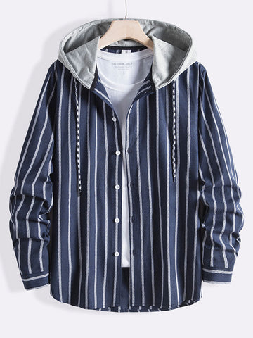 Stripes Drawstring Hooded Shirt