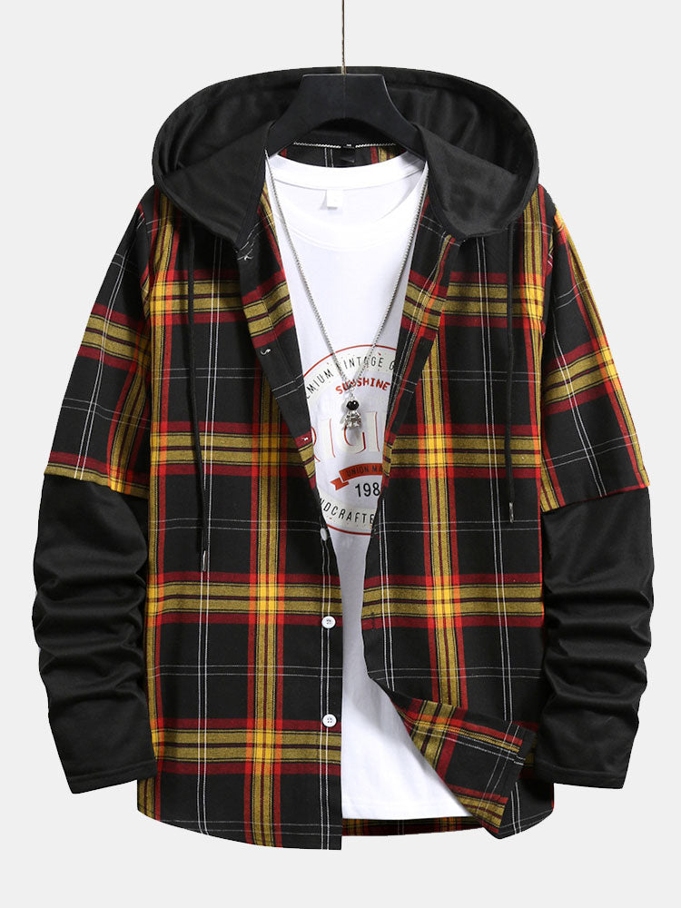 Plaid Drawstring Hooded Shirt