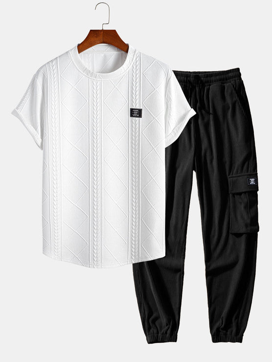 Short Sleeve Geometric Jacquard Arc Hem T-Shirt & Drawstring Corduroy Cargo Jogger Pants