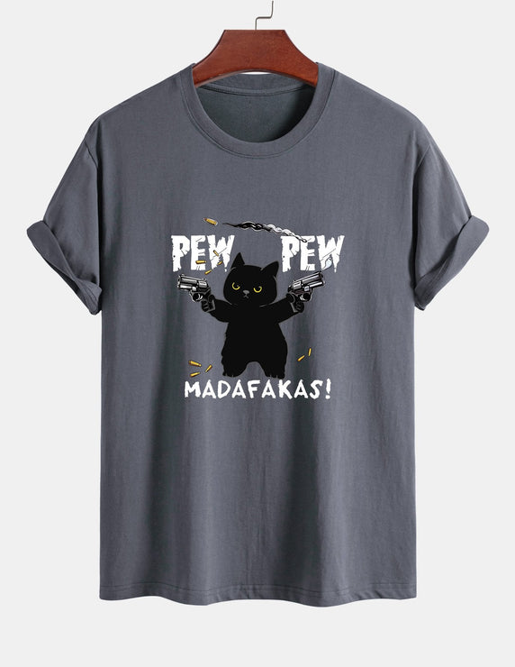 Regular Fit PEW PEW MADAFAKAS Black Cat Print Cotton T-Shirt