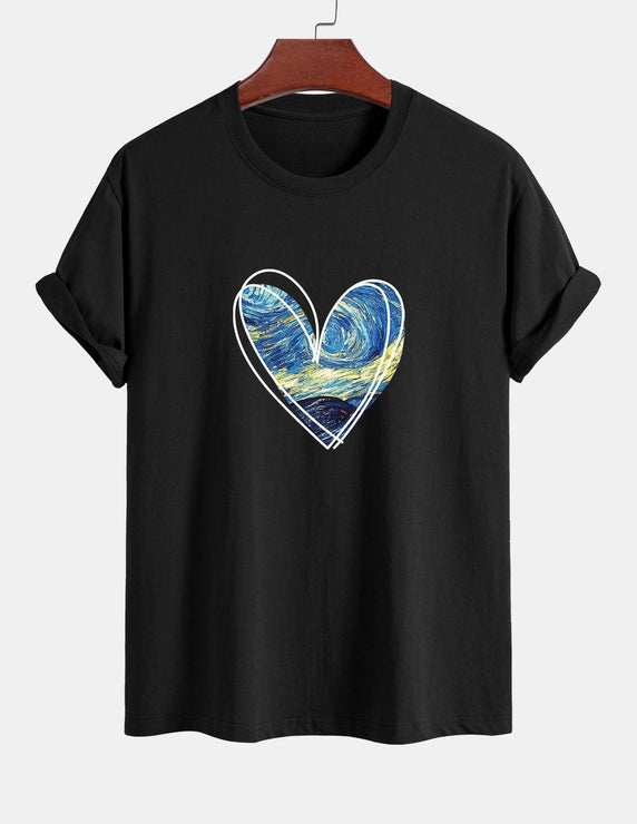 Regular Fit Starry Sky Heart Print Cotton T-Shirt