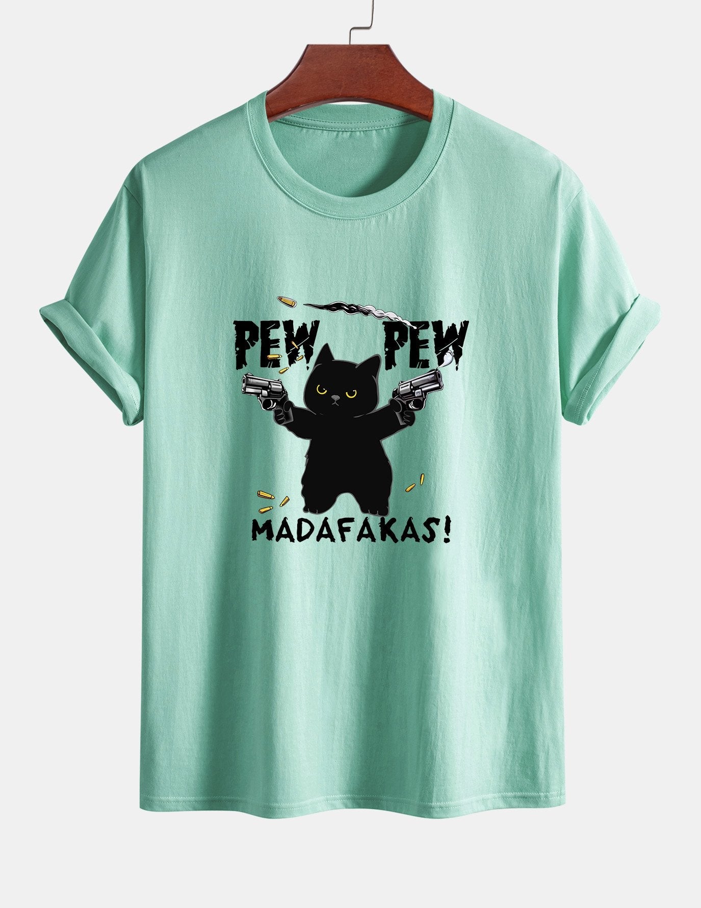 Regular Fit PEW PEW MADAFAKAS Black Cat Print Cotton T-Shirt