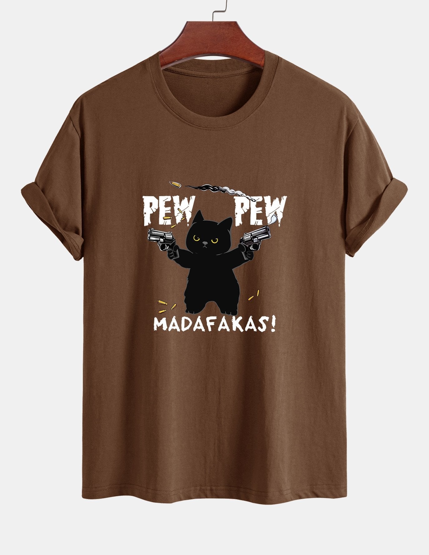 Regular Fit PEW PEW MADAFAKAS Black Cat Print Cotton T-Shirt