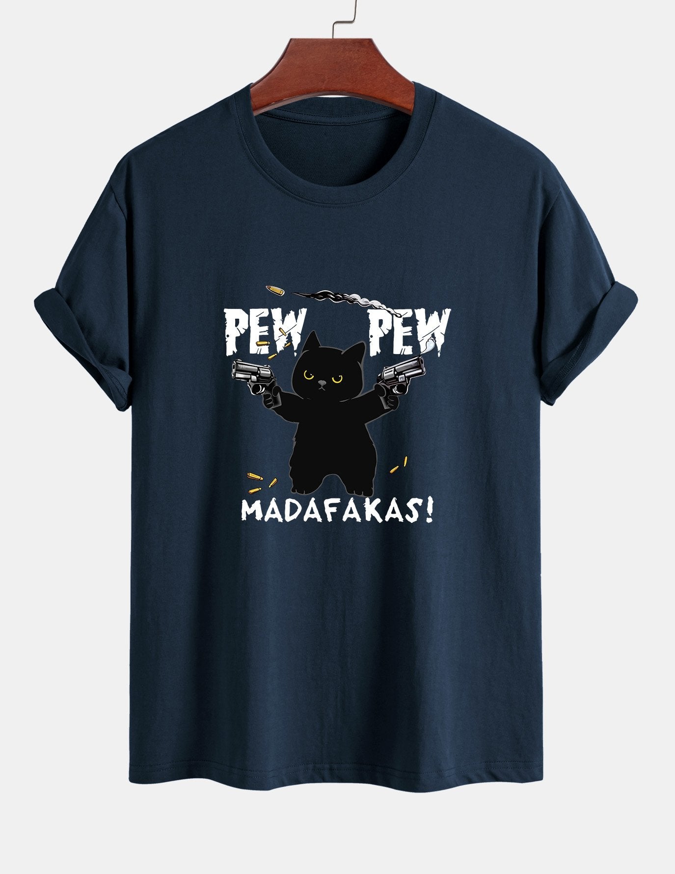 Regular Fit PEW PEW MADAFAKAS Black Cat Print Cotton T-Shirt