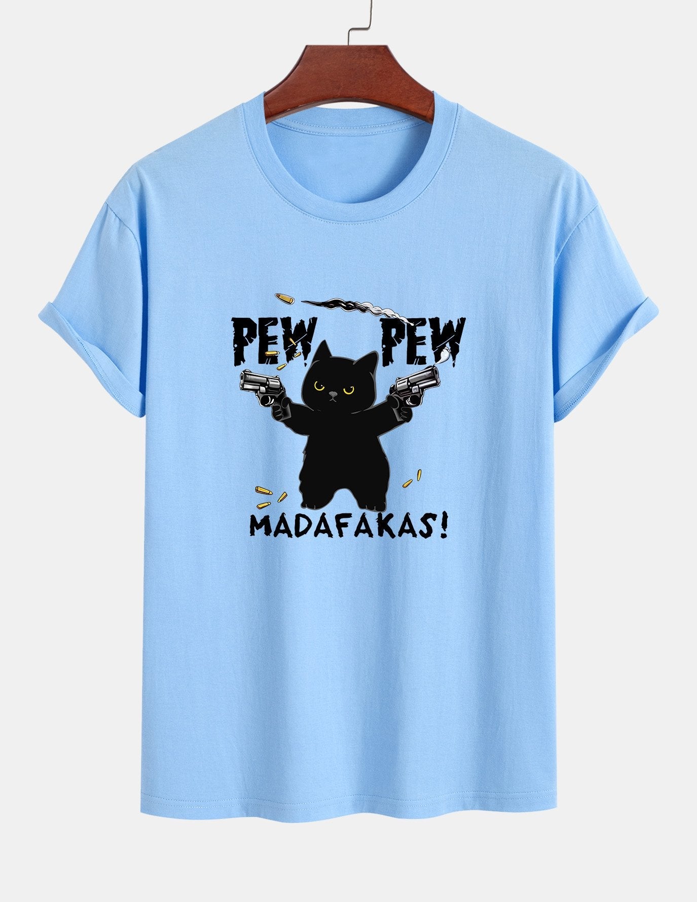 Regular Fit PEW PEW MADAFAKAS Black Cat Print Cotton T-Shirt