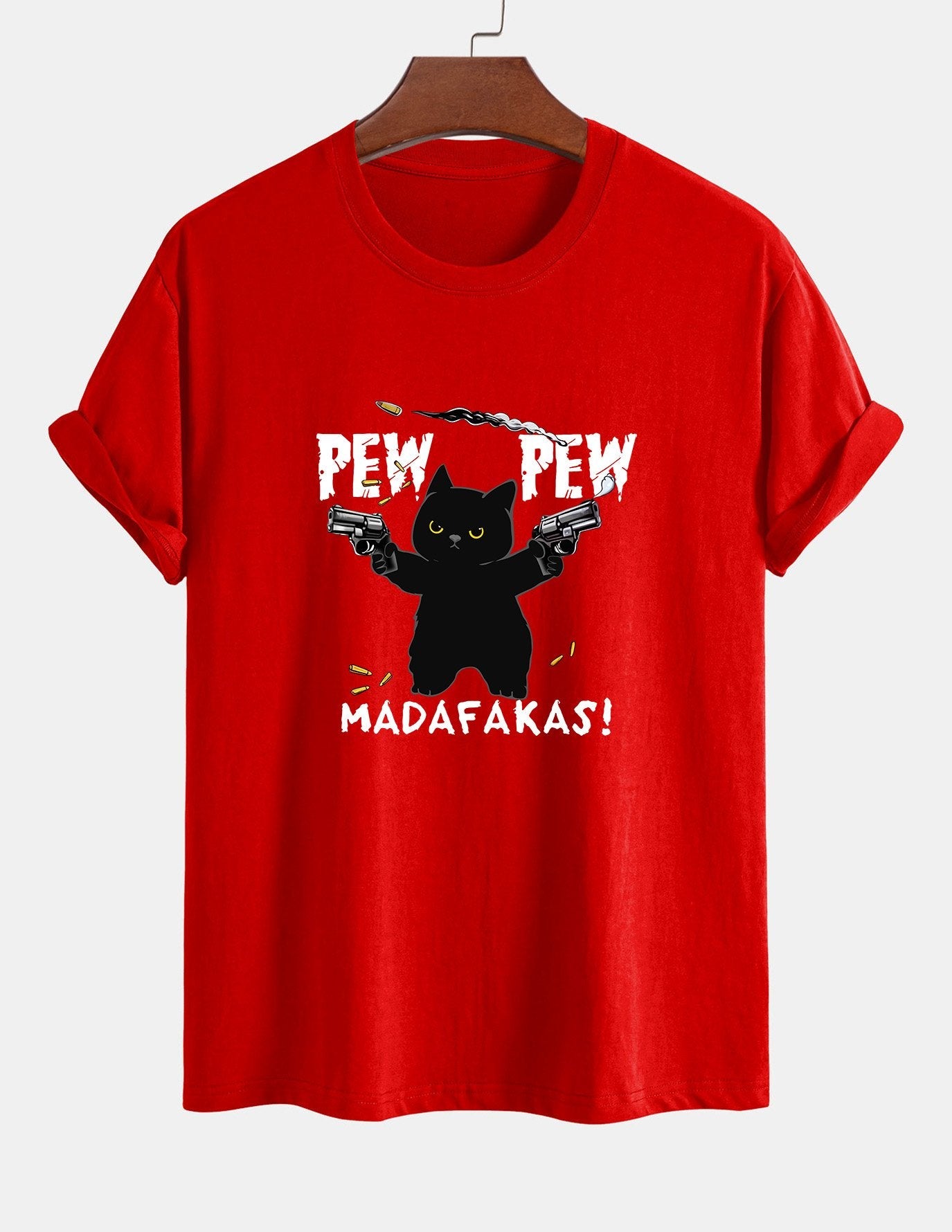 Regular Fit PEW PEW MADAFAKAS Black Cat Print Cotton T-Shirt