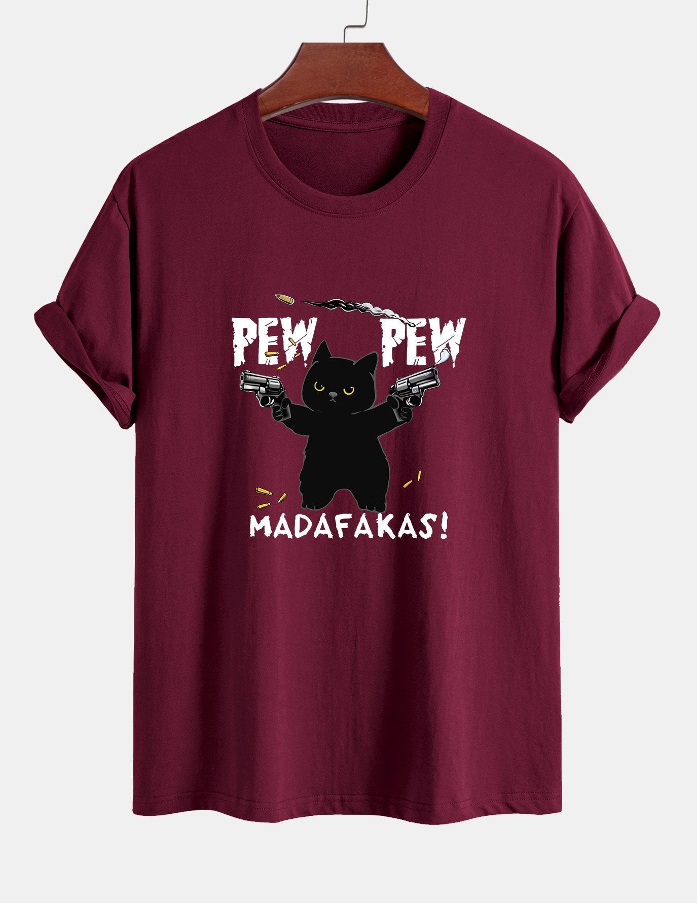 Regular Fit PEW PEW MADAFAKAS Black Cat Print Cotton T-Shirt