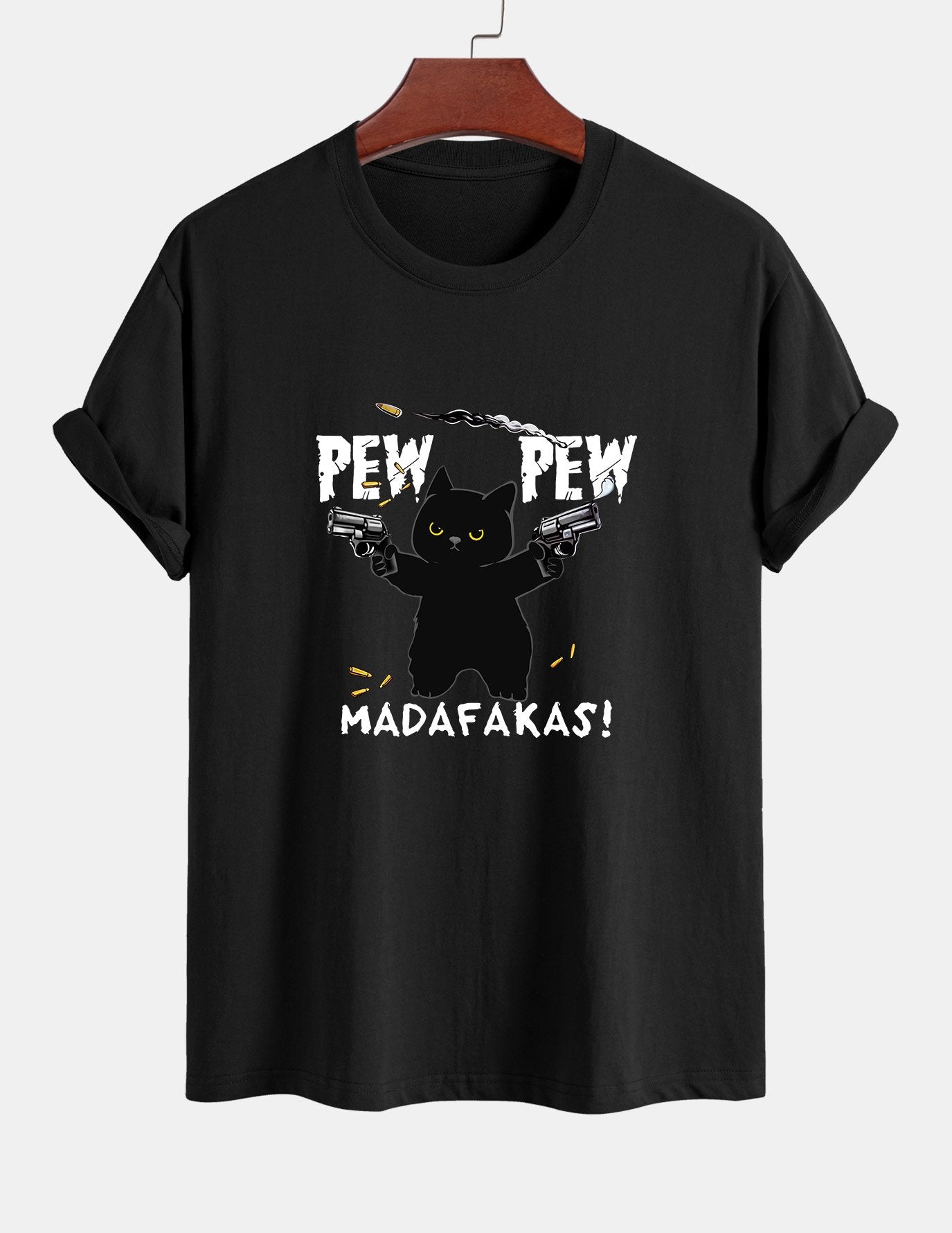 Regular Fit PEW PEW MADAFAKAS Black Cat Print Cotton T-Shirt