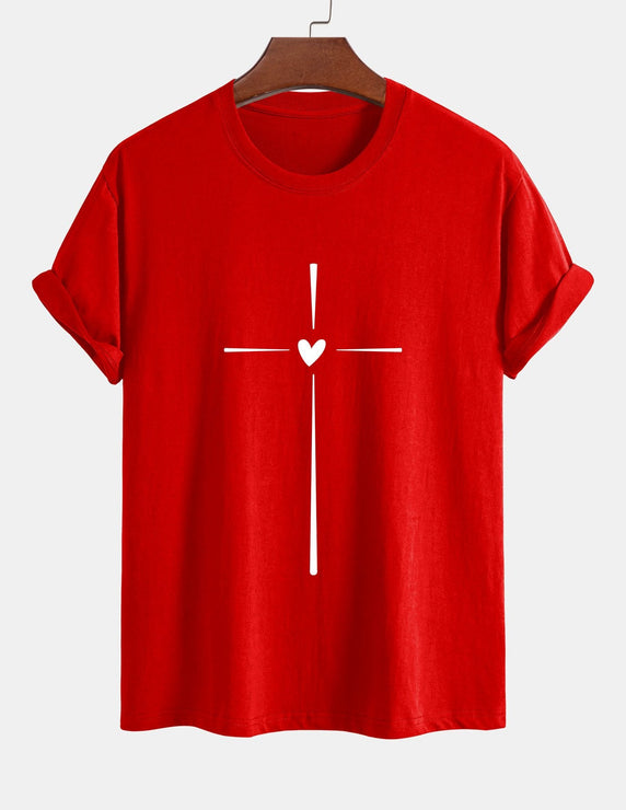 Regular Fit Cross Heart Print Cotton T-Shirt