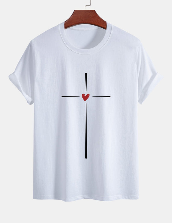 Regular Fit Cross Heart Print Cotton T-Shirt