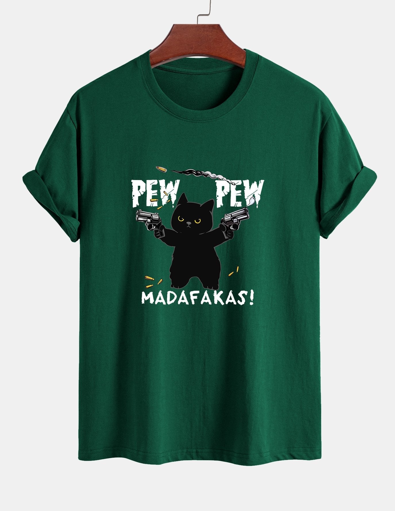 Regular Fit PEW PEW MADAFAKAS Black Cat Print Cotton T-Shirt