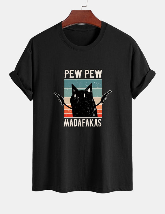 Regular Fit PEW PEW MADAFAKAS Black Cat Print Cotton T-Shirt