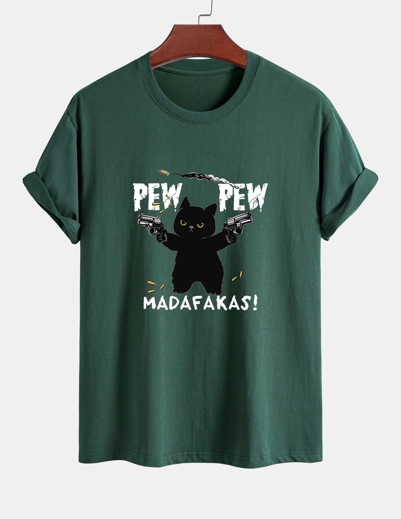 Regular Fit PEW PEW MADAFAKAS Black Cat Print Cotton T-Shirt