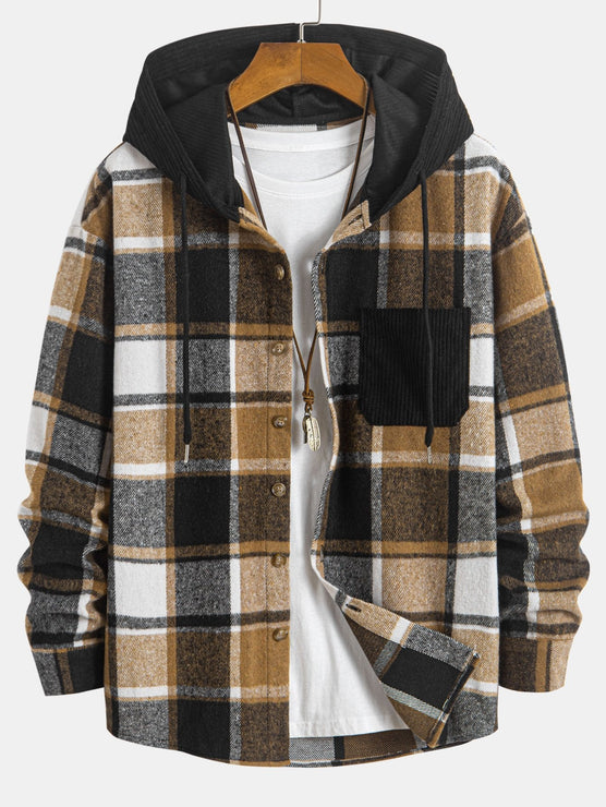 Relax Fit Corduroy Plaid Hooded Shirt