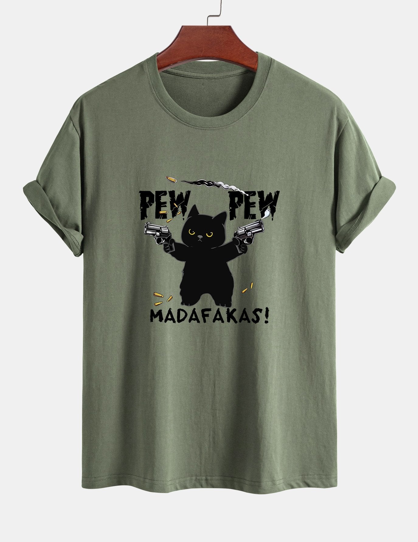 Regular Fit PEW PEW MADAFAKAS Black Cat Print Cotton T-Shirt