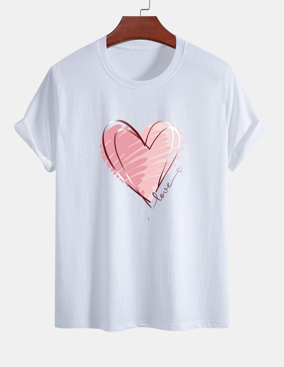 Regular Fit Doodle Heart Print Cotton T-Shirt