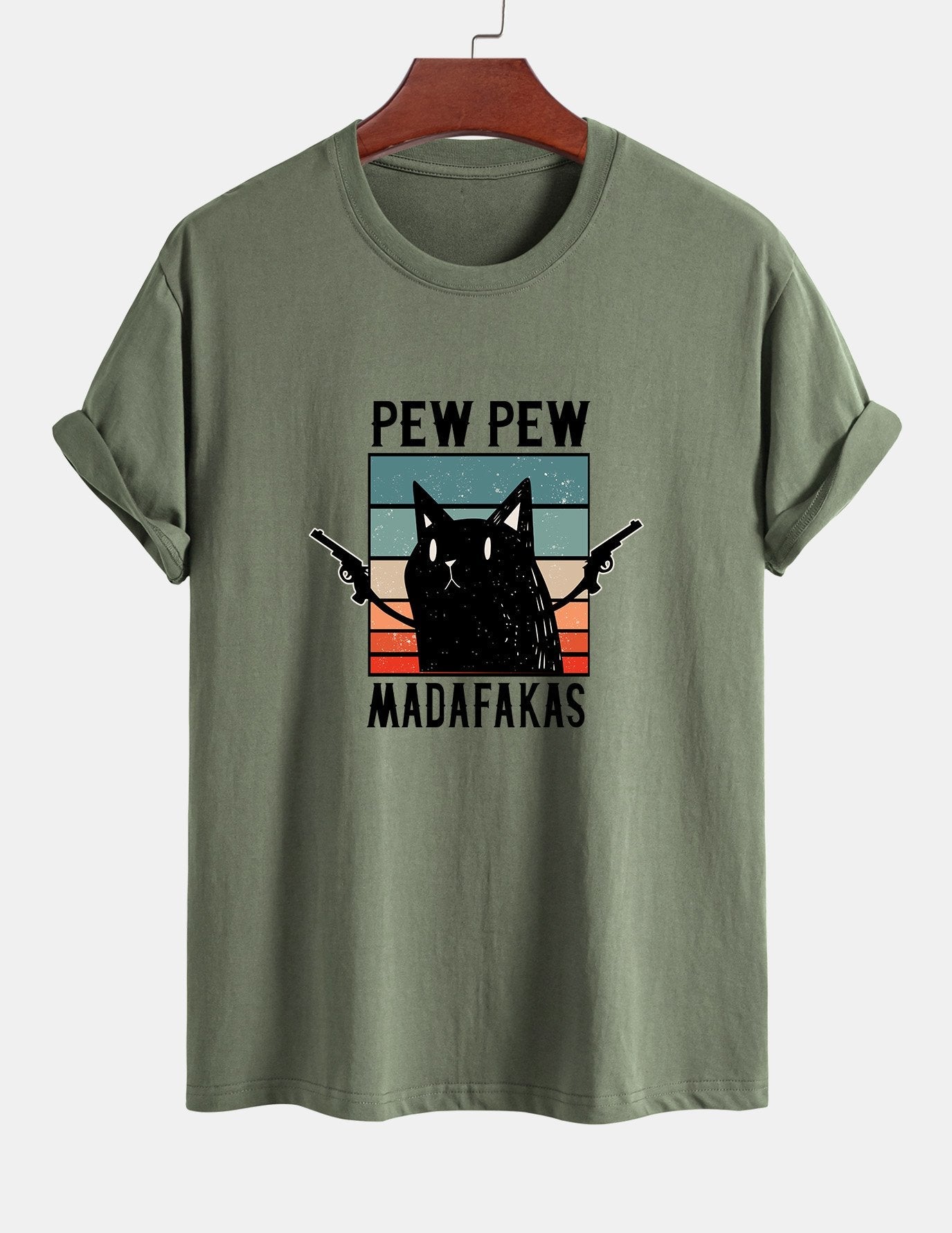 Regular Fit PEW PEW MADAFAKAS Black Cat Print Cotton T-Shirt