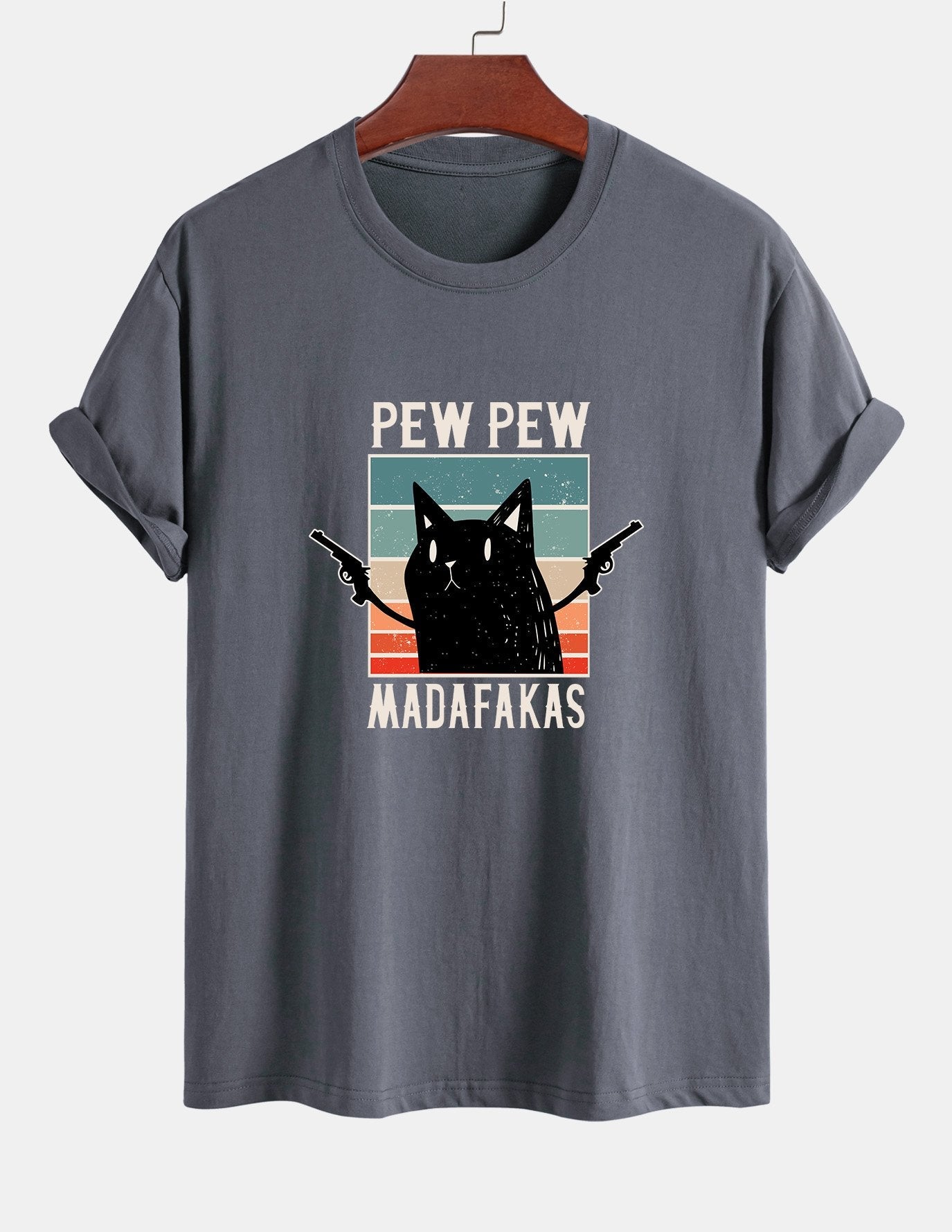 Regular Fit PEW PEW MADAFAKAS Black Cat Print Cotton T-Shirt