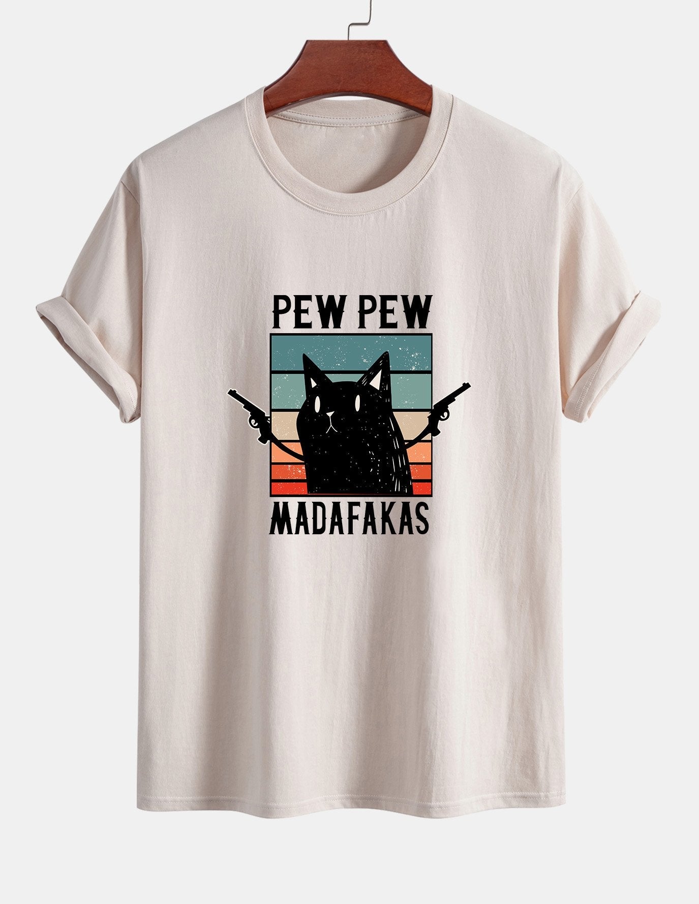 Regular Fit PEW PEW MADAFAKAS Black Cat Print Cotton T-Shirt