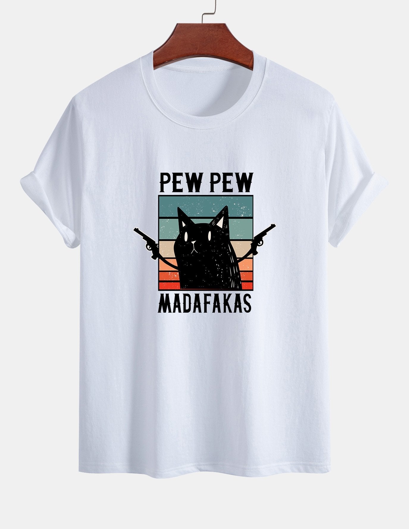 Regular Fit PEW PEW MADAFAKAS Black Cat Print Cotton T-Shirt