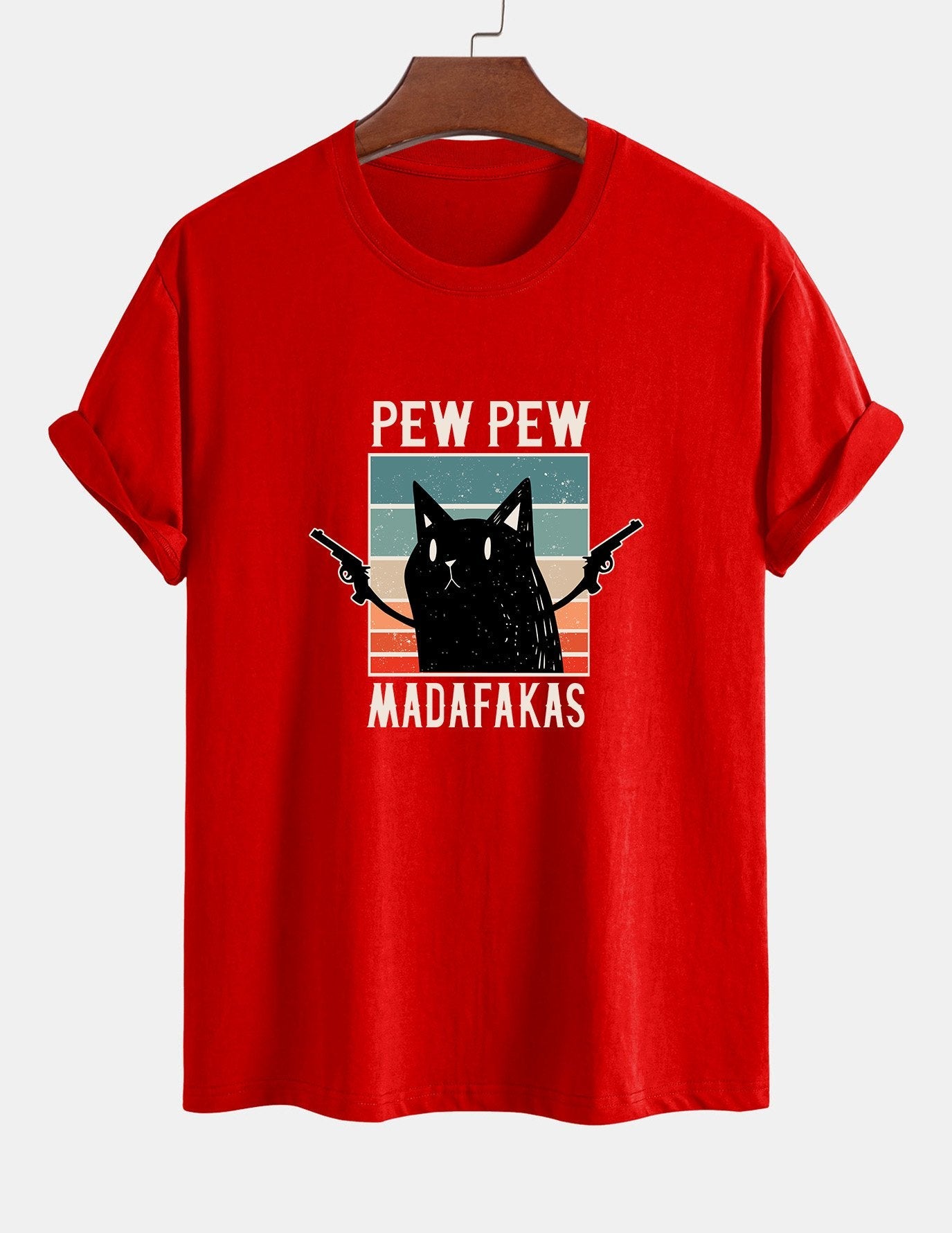 Regular Fit PEW PEW MADAFAKAS Black Cat Print Cotton T-Shirt