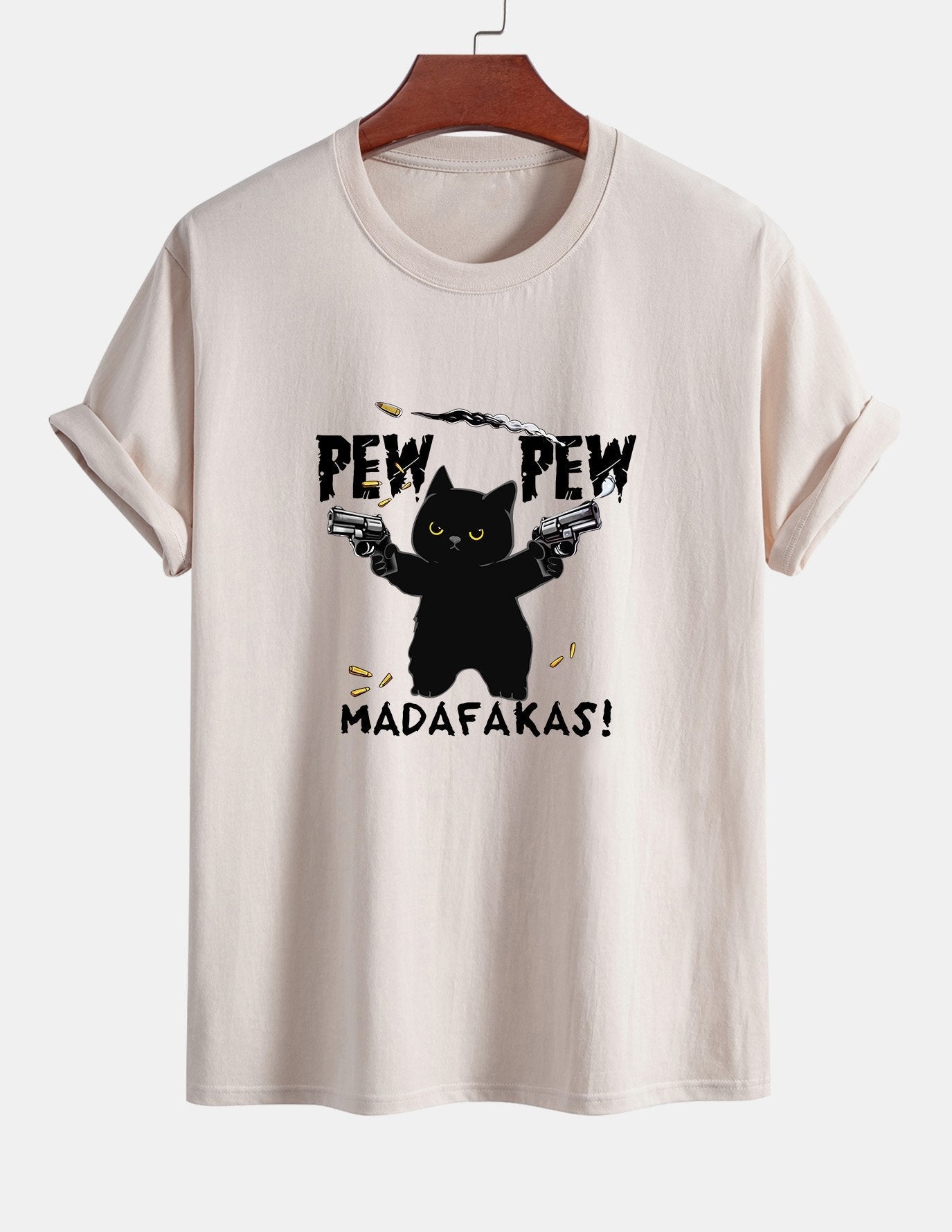 Regular Fit PEW PEW MADAFAKAS Black Cat Print Cotton T-Shirt