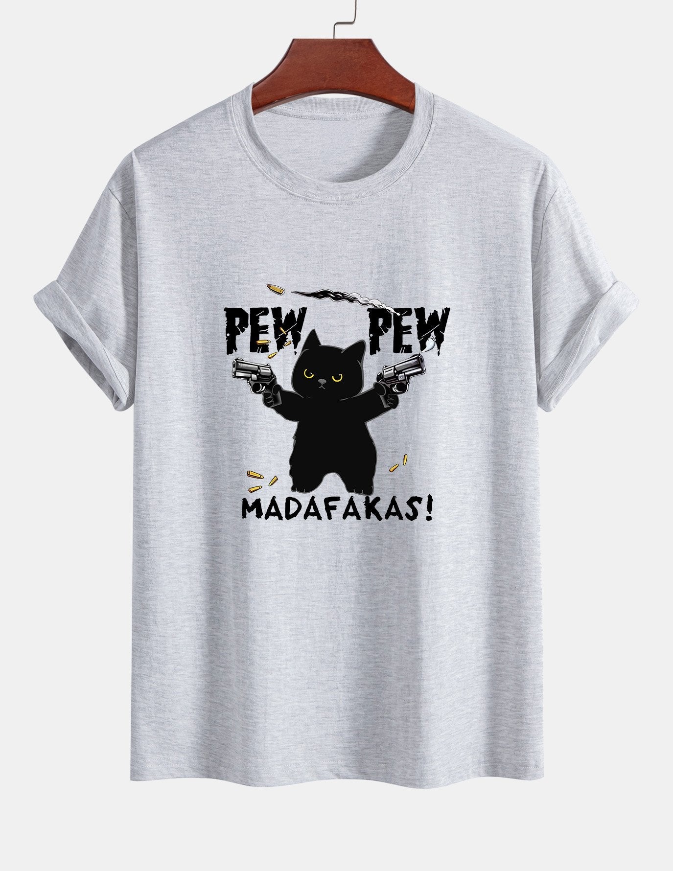 Regular Fit PEW PEW MADAFAKAS Black Cat Print Cotton T-Shirt