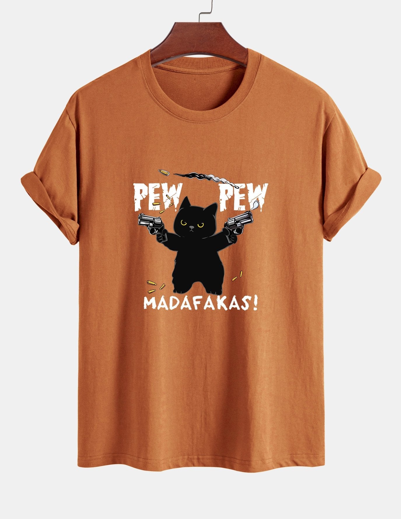 Regular Fit PEW PEW MADAFAKAS Black Cat Print Cotton T-Shirt