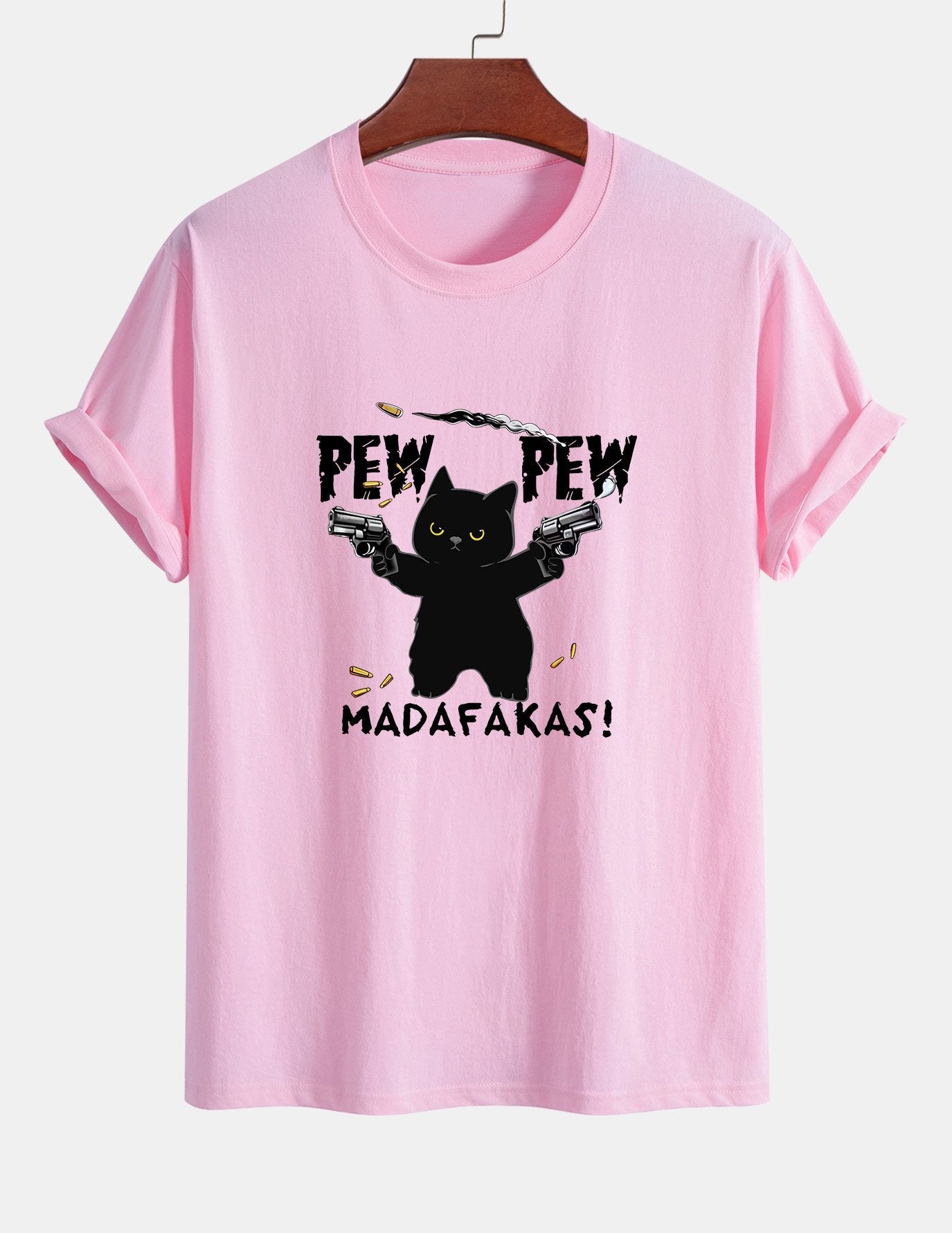 Regular Fit PEW PEW MADAFAKAS Black Cat Print Cotton T-Shirt