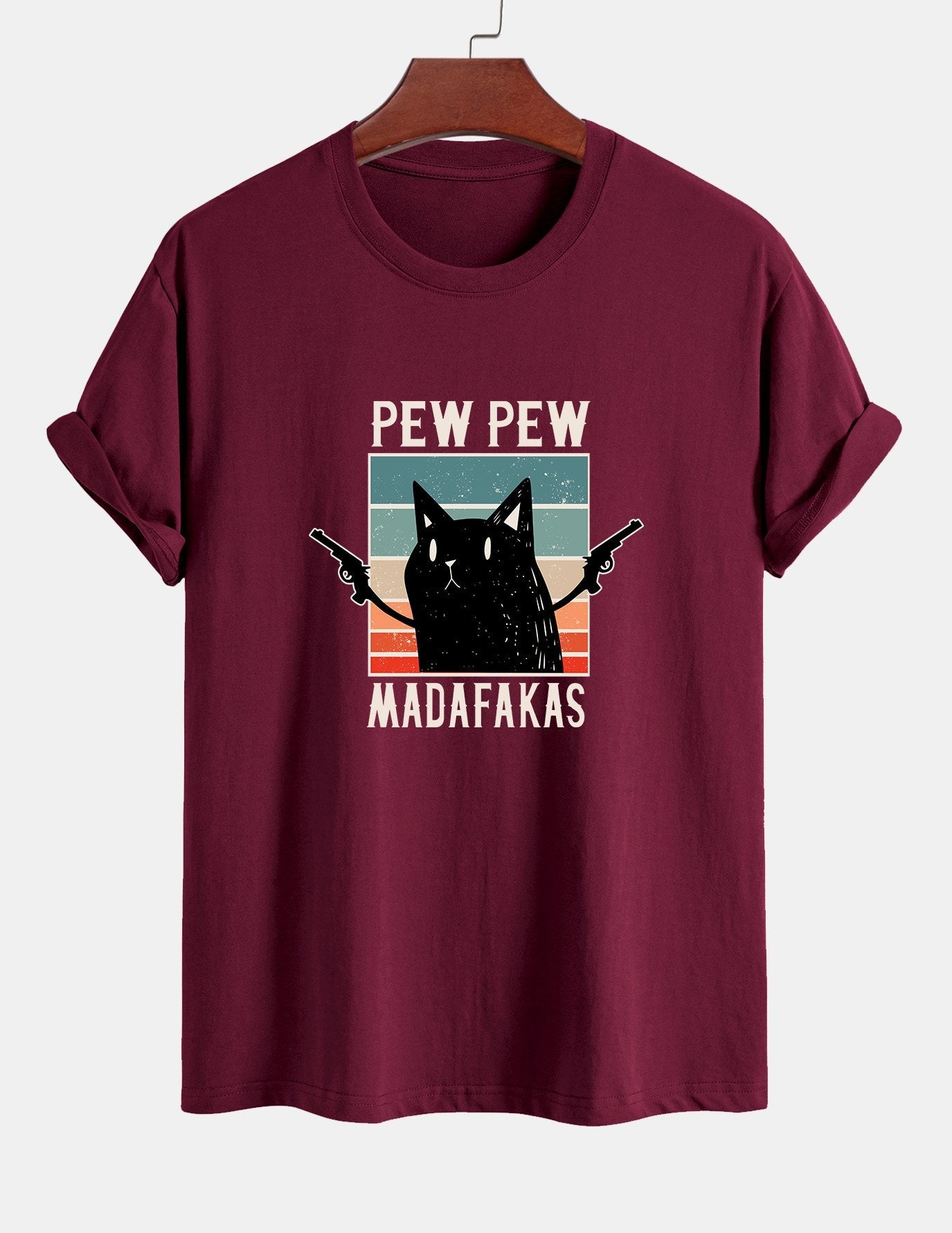 Regular Fit PEW PEW MADAFAKAS Black Cat Print Cotton T-Shirt